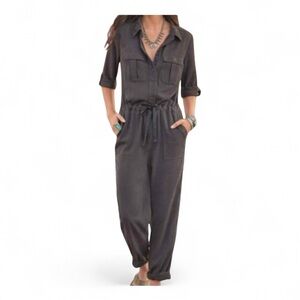Sundance Gray Lyocell Utility Jumpsuit M Roll Tab Sleeve Drawstring Waist Casual